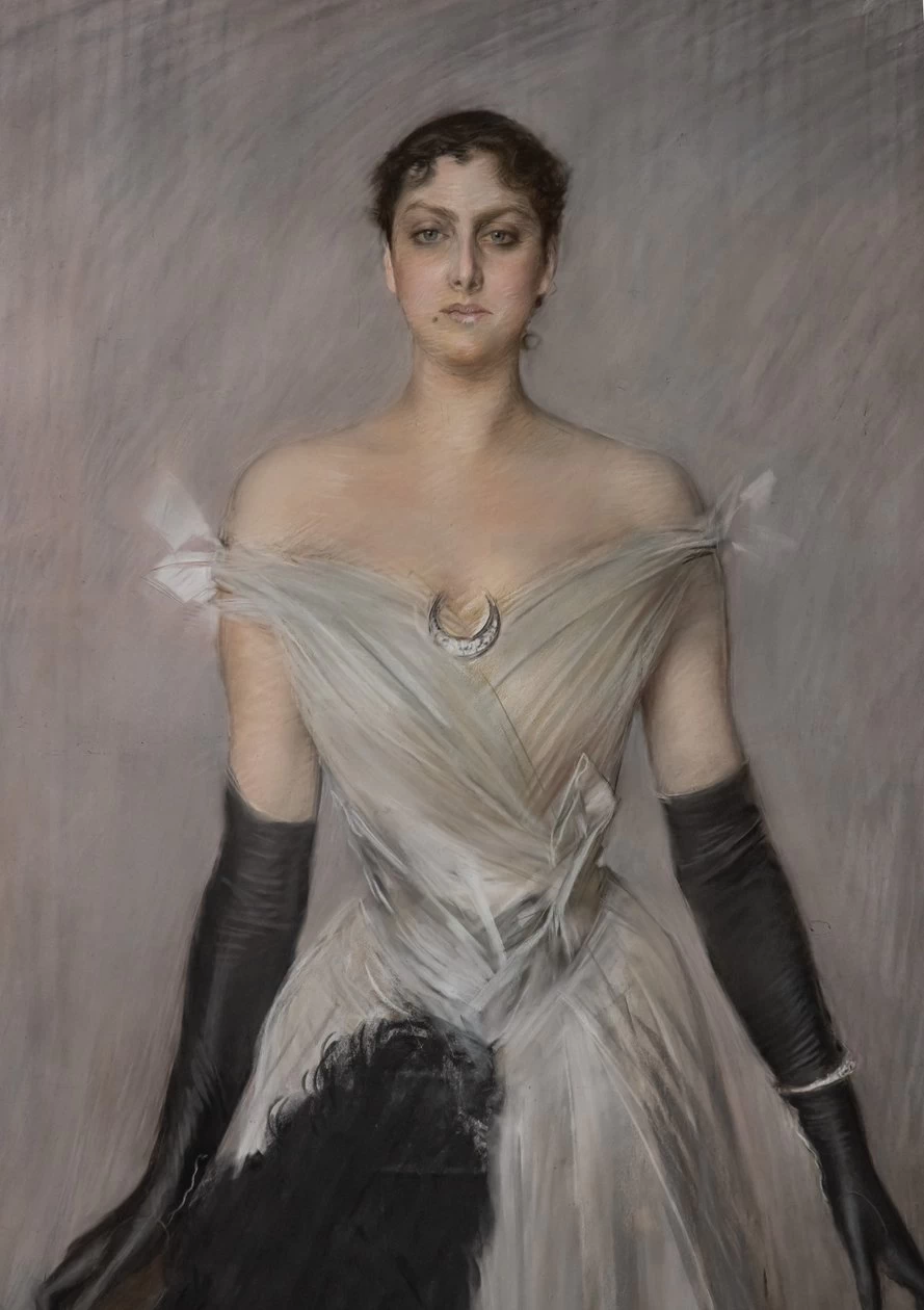 Ritratto di signora in bianco con guanti e ventaglio, 1889 - dettaglio